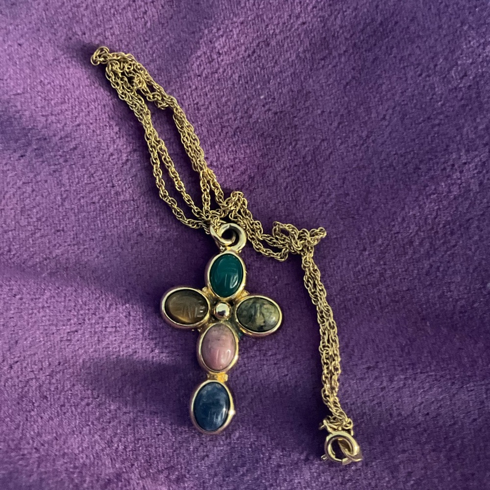 Vintage gold tone scarab cross necklace